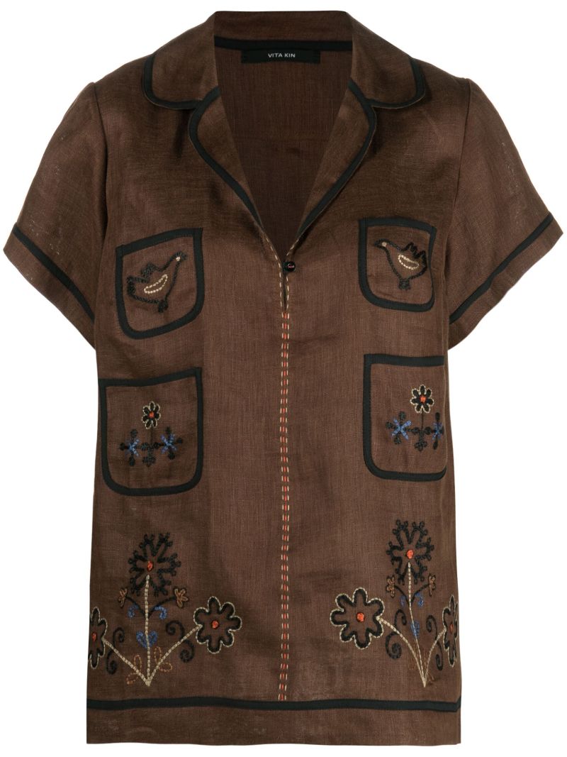 Brown Misha Embroidered Linen T-shirt
