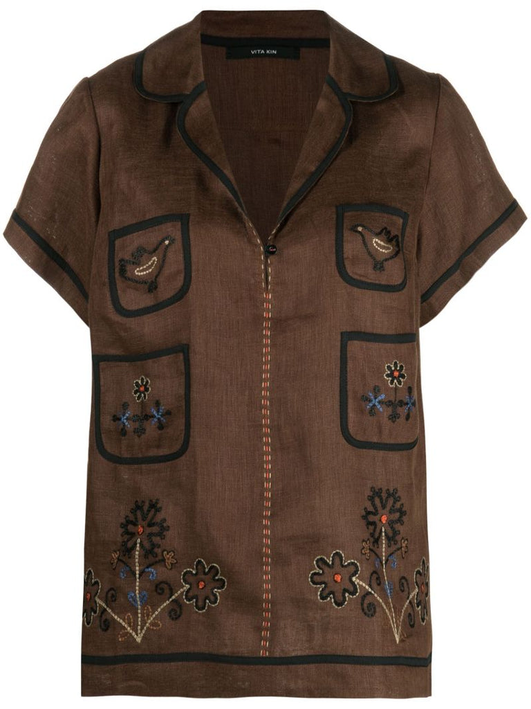 Brown Misha Embroidered Linen T-shirt