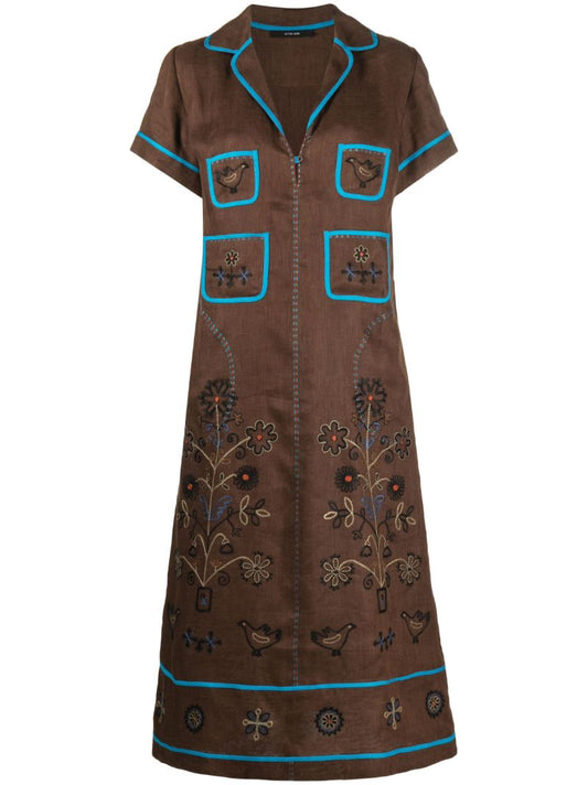 Brown Misha Embroidered Midi Dress