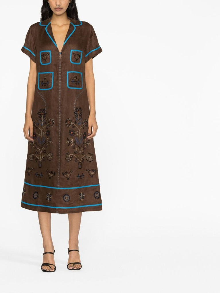Brown Misha Embroidered Midi Dress