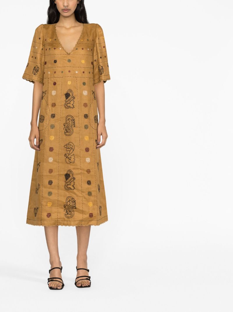 Brown Debbie Embroidered Midi Dress