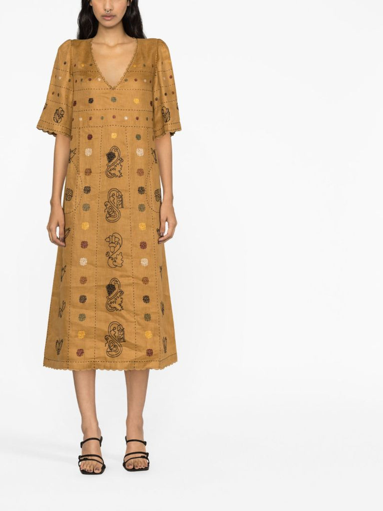 Brown Debbie Embroidered Midi Dress