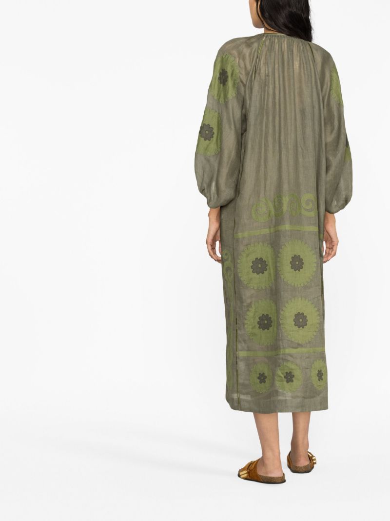 Green Floral-appliquÃ_x0083_Â© Linen Dress