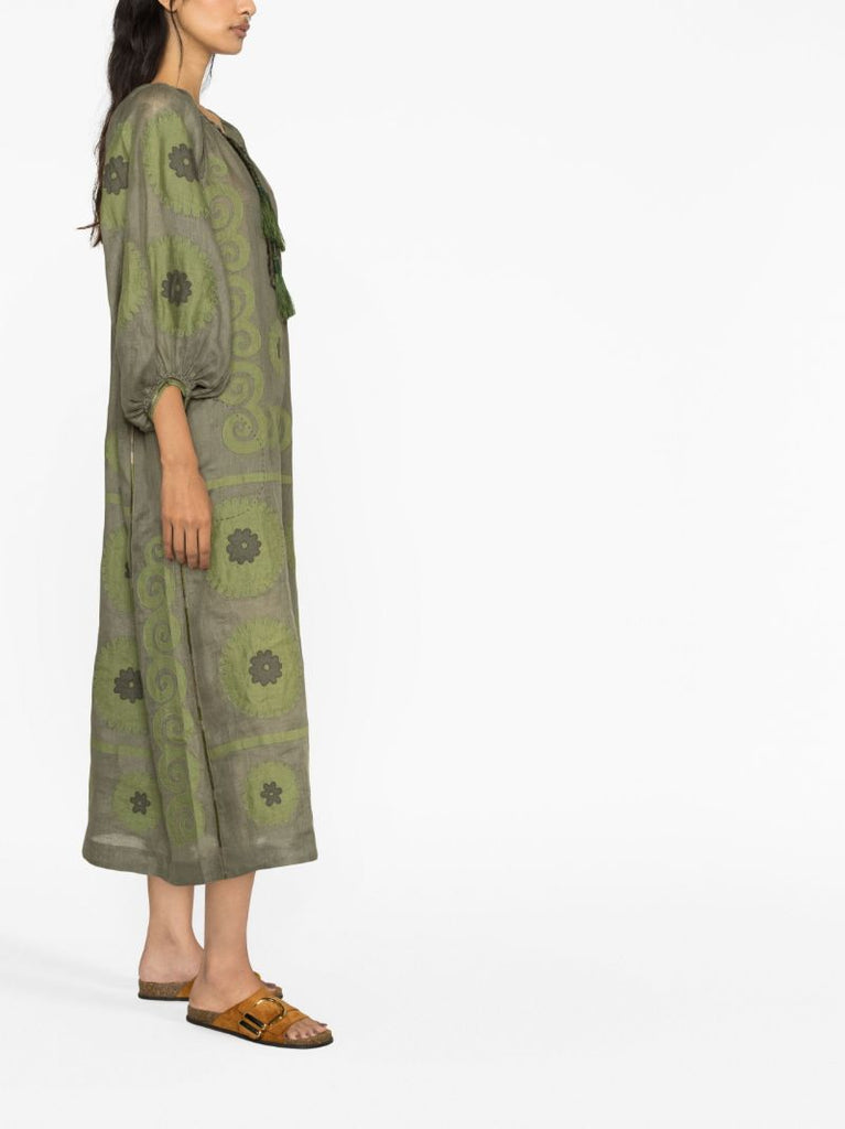 Green Floral-appliquÃ_x0083_Â© Linen Dress