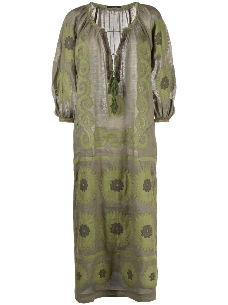 Green Floral-appliquÃ_x0083_Â© Linen Dress