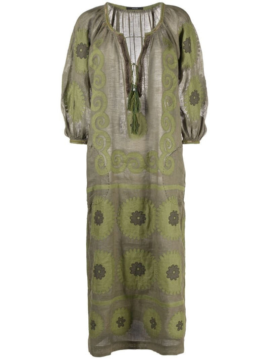 Green Floral-appliquÃ_x0083_Â© Linen Dress