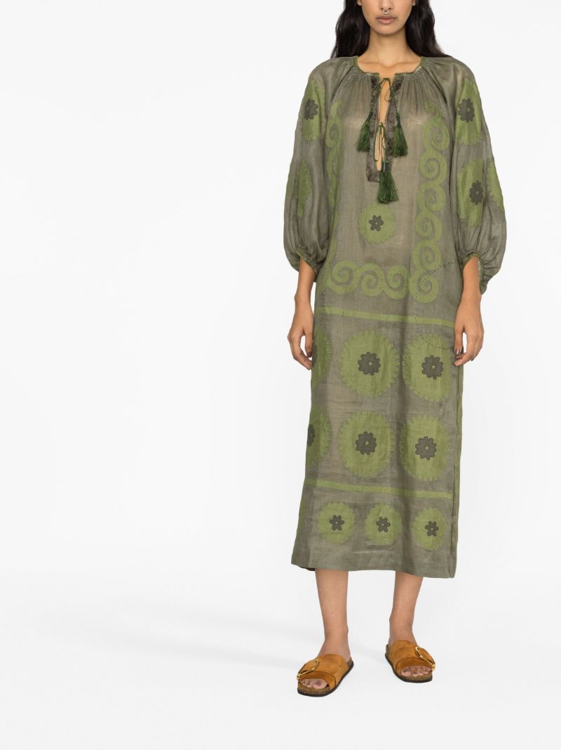 Green Floral-appliquÃ_x0083_Â© Linen Dress