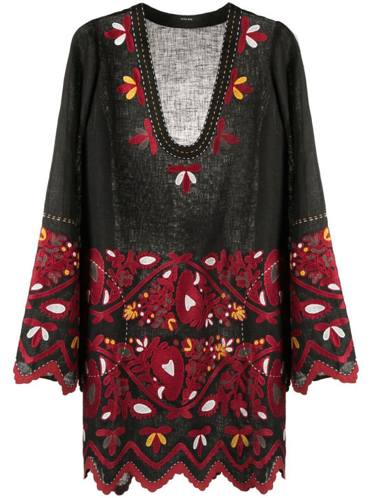 Black Pippa Embroidered Linen Mini Dress