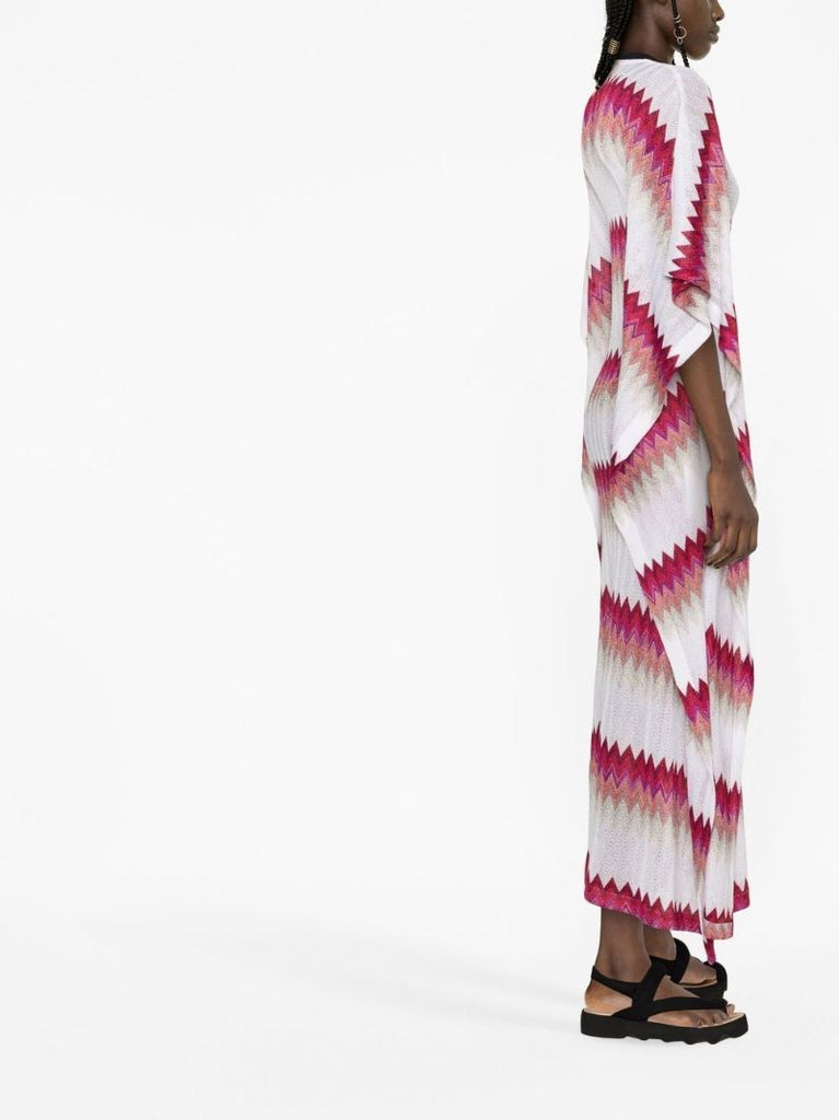 White and Pink Zigzag Knit Maxi Dress
