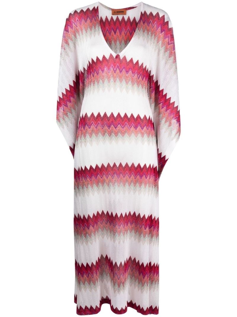 White and Pink Zigzag Knit Maxi Dress