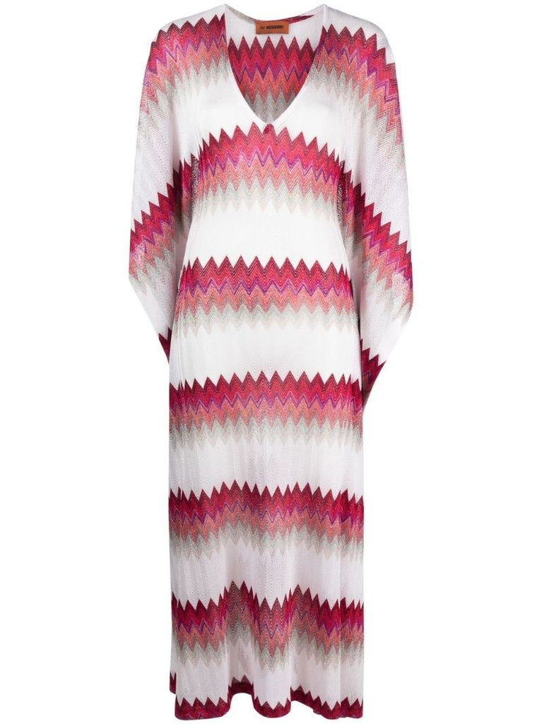 White and Pink Zigzag Knit Maxi Dress