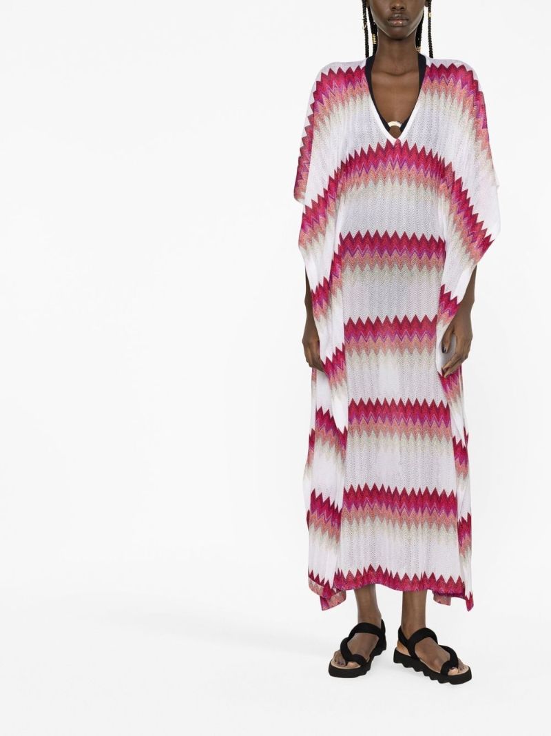 White and Pink Zigzag Knit Maxi Dress
