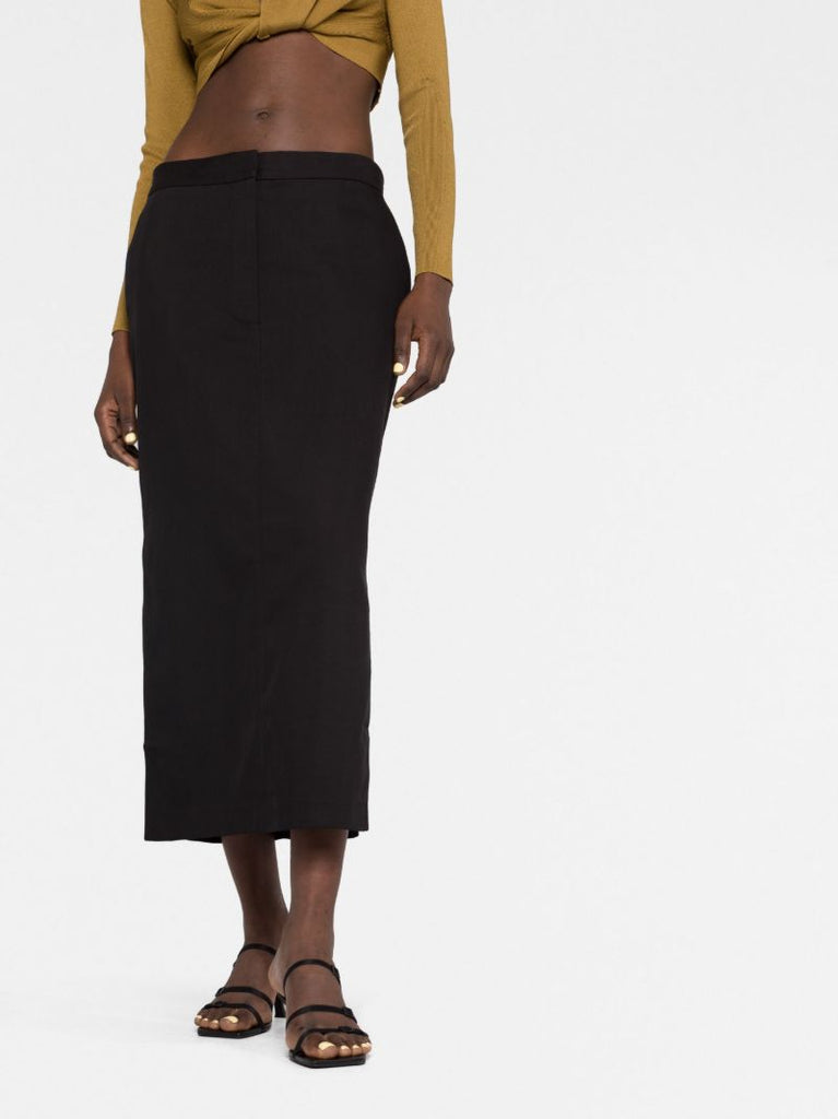 Black Low Waist Tailored Midi Skirt