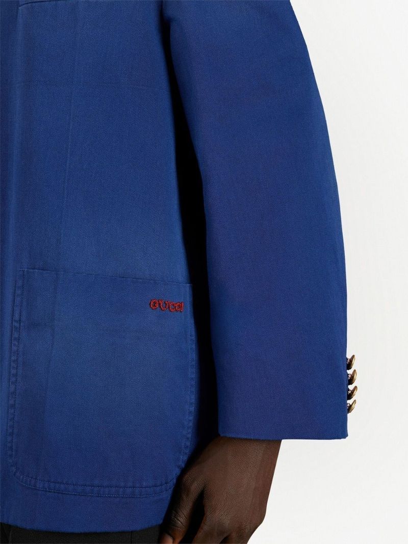 Blue Logo-embroidered Cotton Blazer