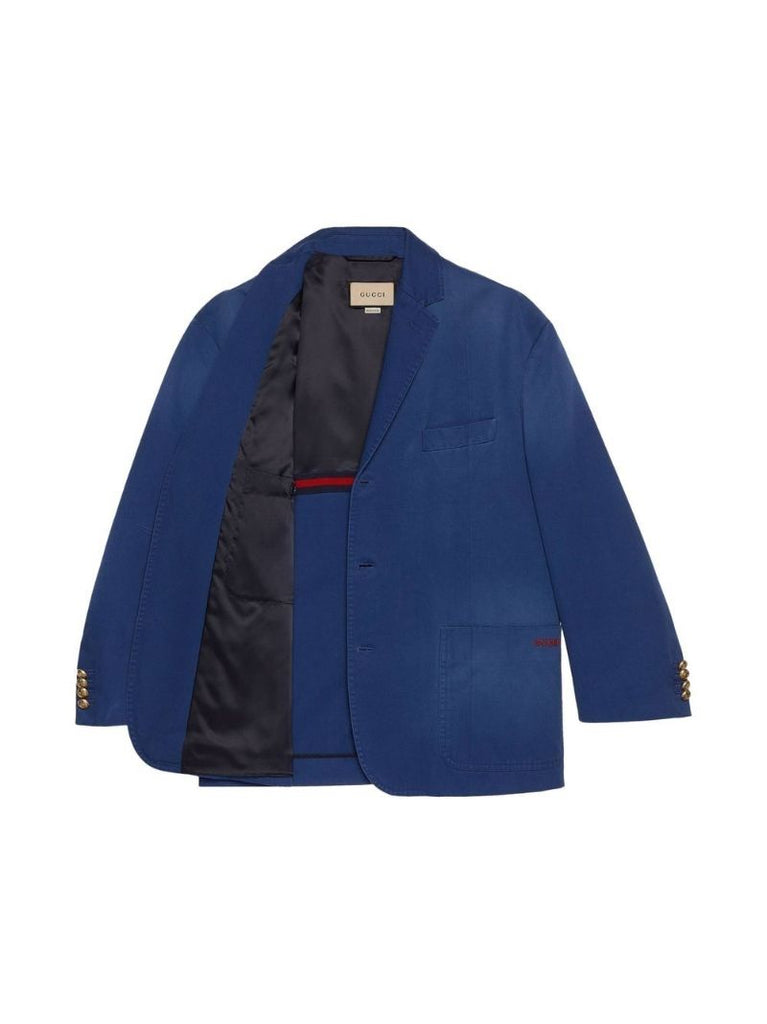Blue Logo-embroidered Cotton Blazer