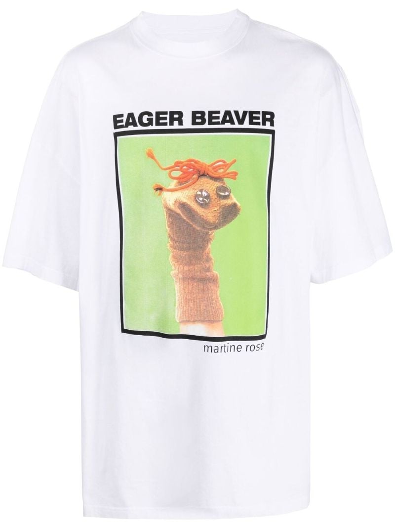 White Eager Beaver Graphic Print Cotton T-shirt