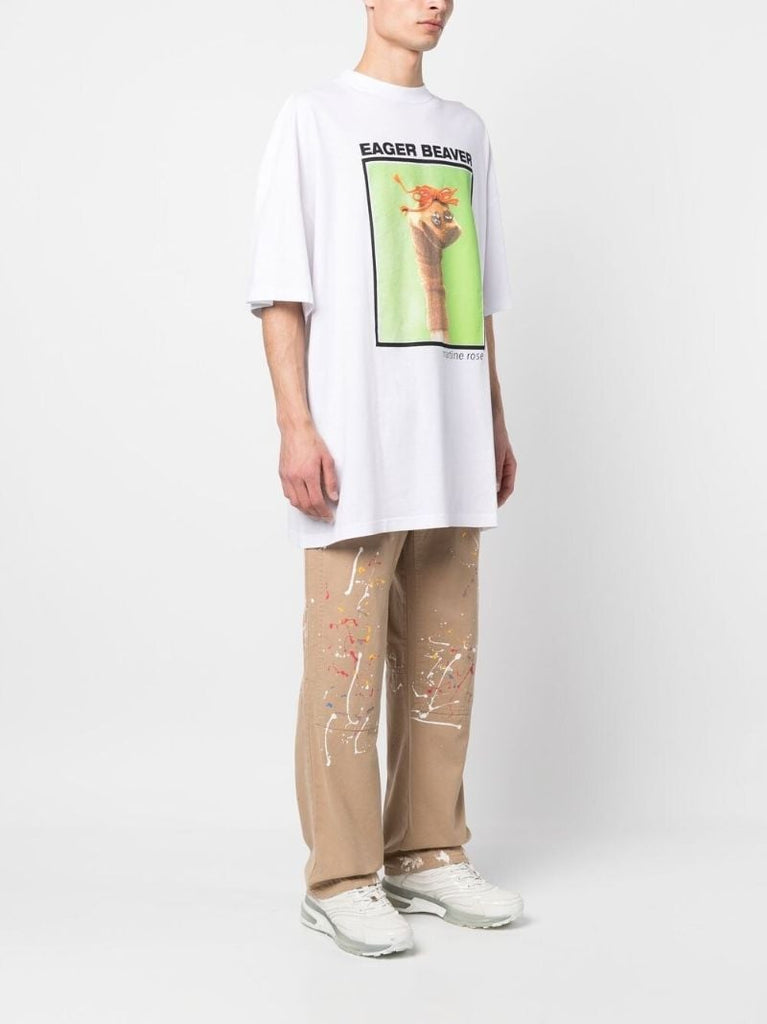 White Eager Beaver Graphic Print Cotton T-shirt