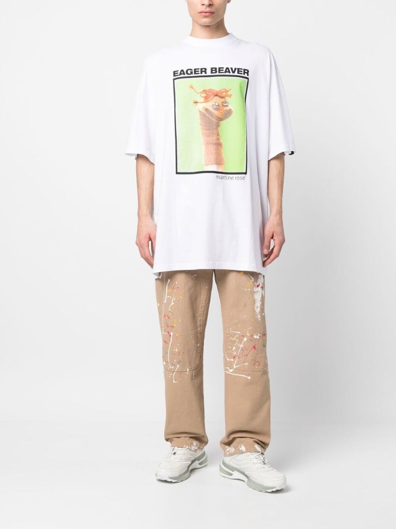 White Eager Beaver Graphic Print Cotton T-shirt