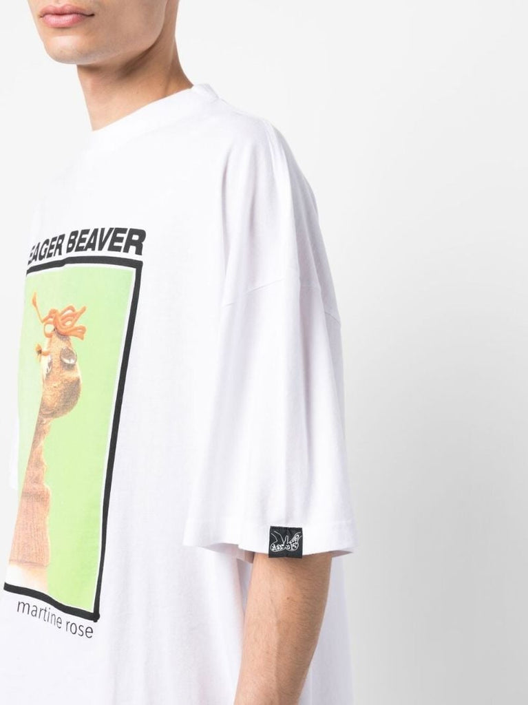 White Eager Beaver Graphic Print Cotton T-shirt
