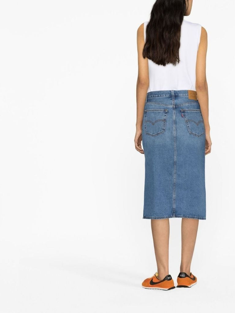 Blue Side Slit Midi Denim Skirt