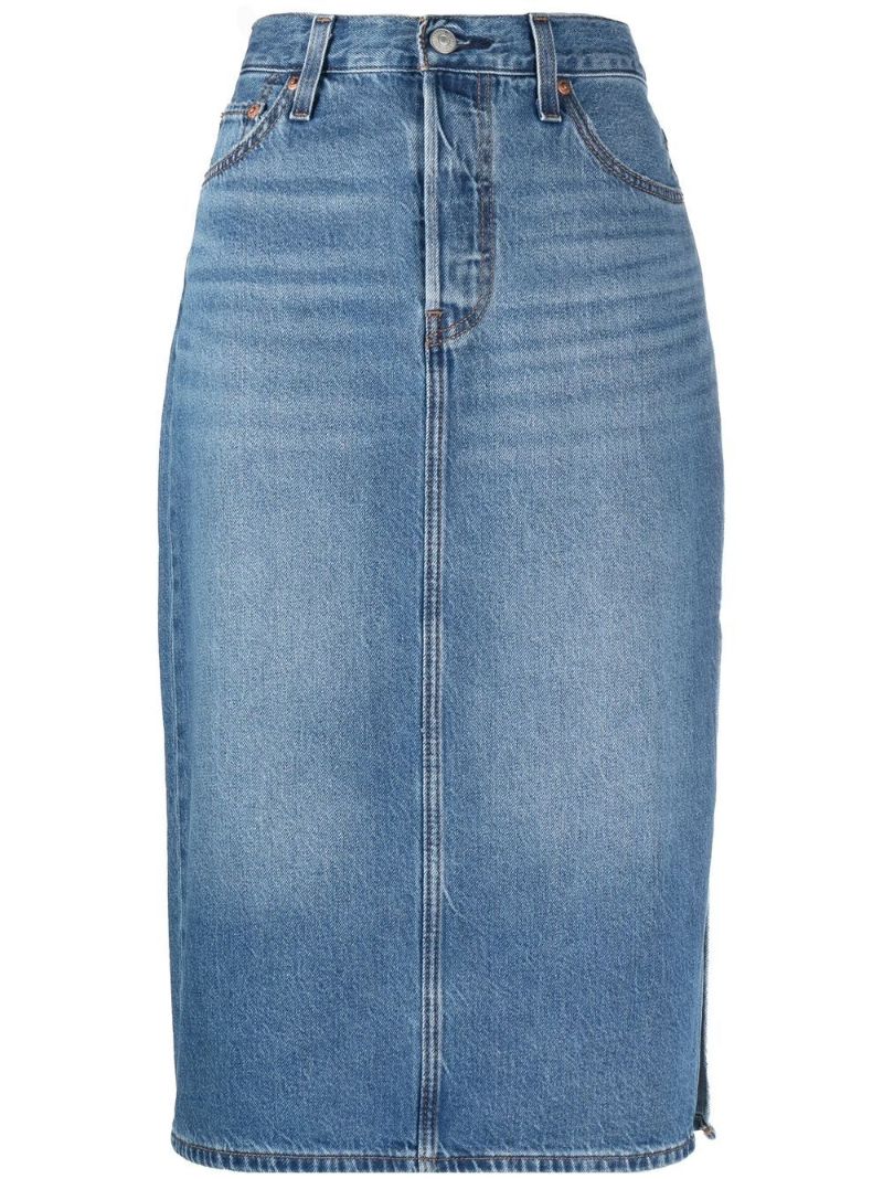 Blue Side Slit Midi Denim Skirt