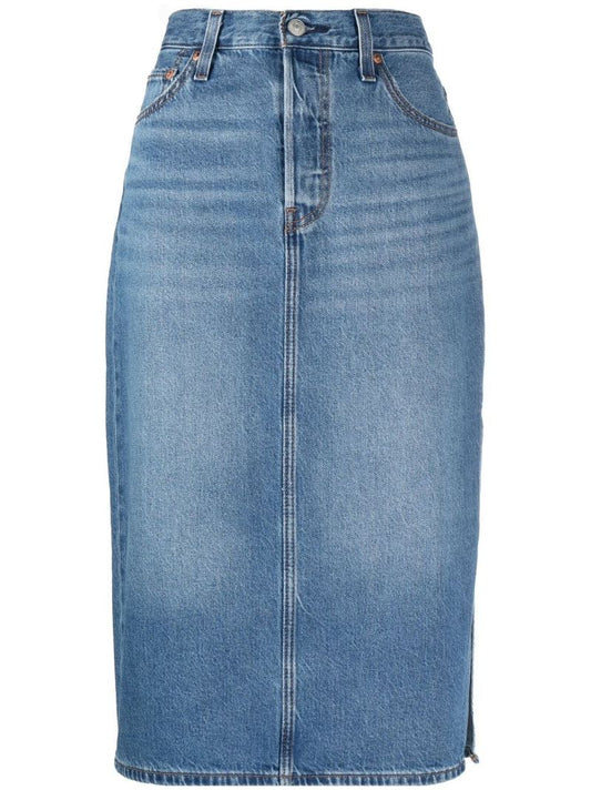 Blue Side Slit Midi Denim Skirt