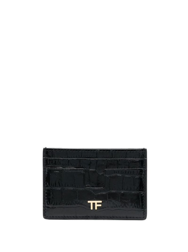 Black Tf Crocodile Embossed Leather Card Holder