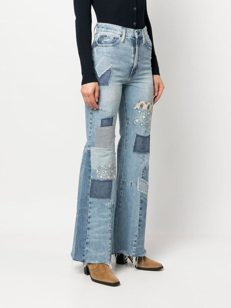 Blue Patchwork Flared Jeans