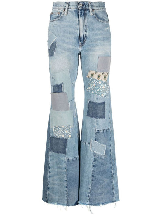 Blue Patchwork Flared Jeans