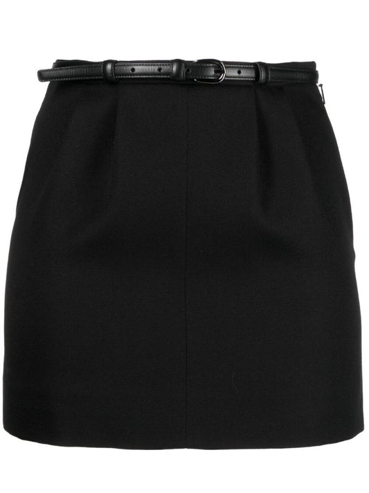 Black Belted Wool Mini Skirt