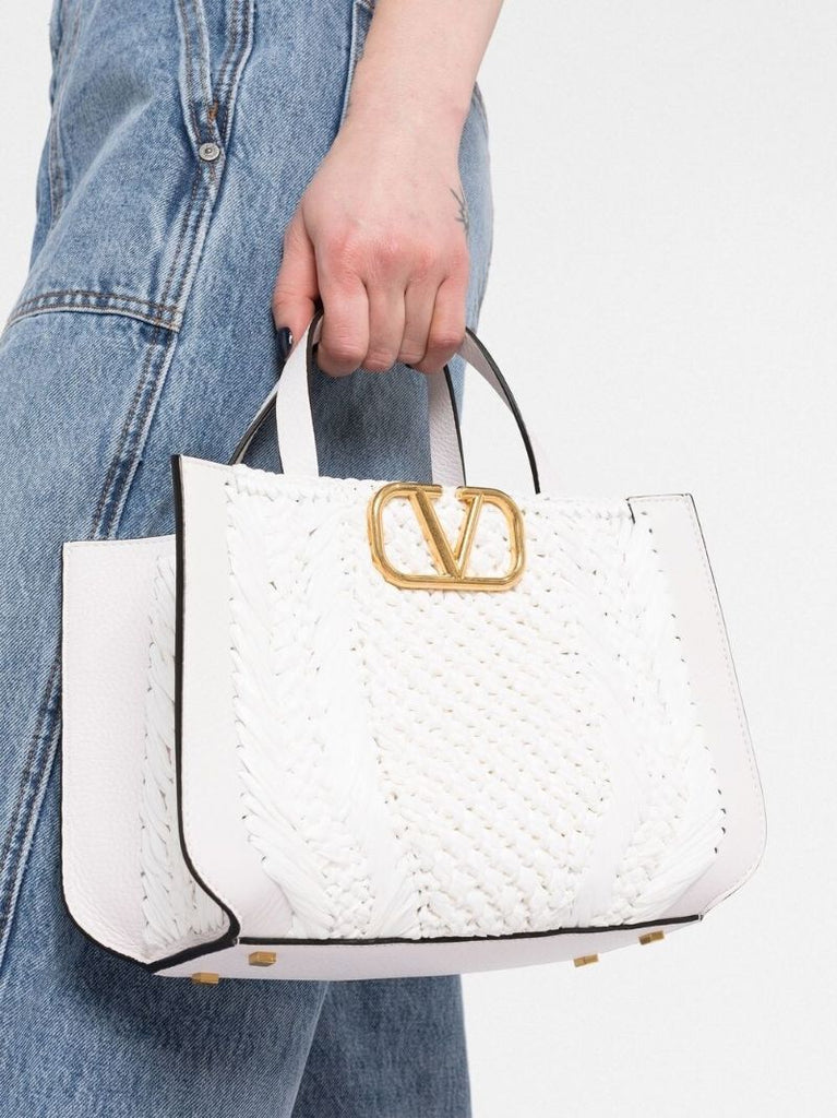 White Leather Vlogo Tote Bag