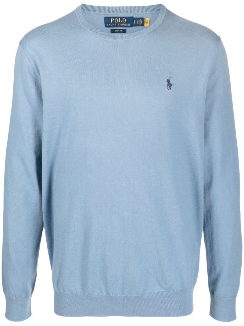 Blue Logo-embroidered Cotton- Sweater