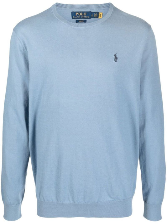 Blue Logo-embroidered Cotton- Sweater