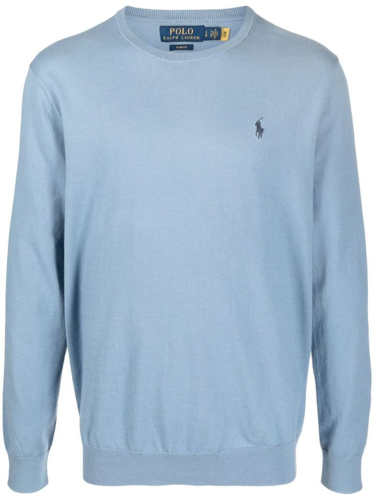 Blue Logo-embroidered Cotton- Sweater