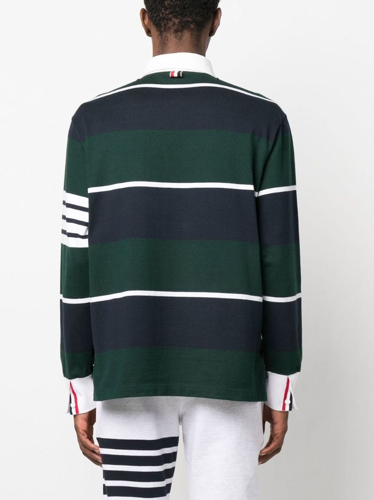Blue 4-bar Striped Cotton Polo Shirt
