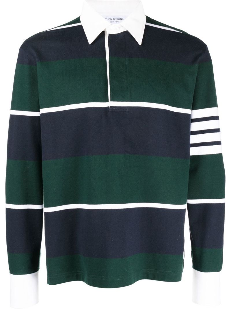 Blue 4-bar Striped Cotton Polo Shirt