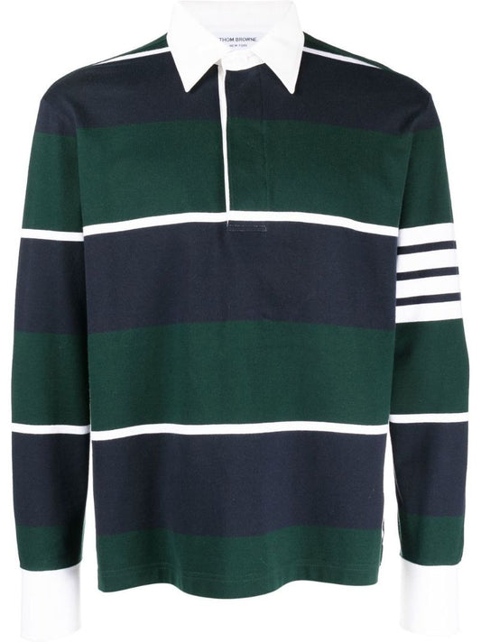 Blue 4-bar Striped Cotton Polo Shirt