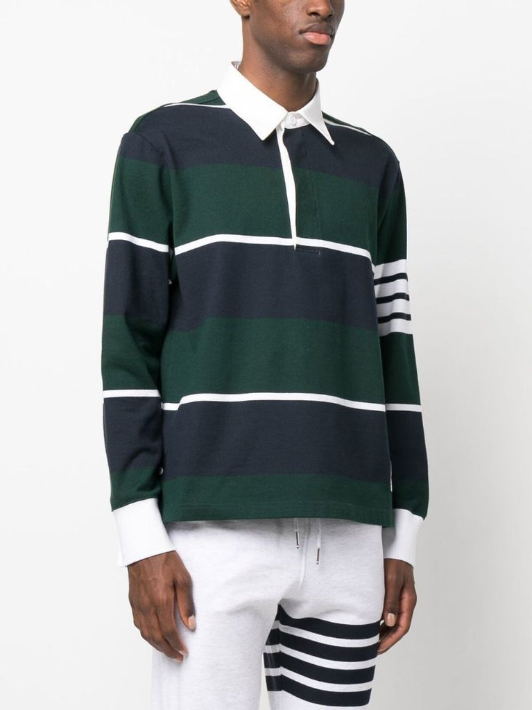 Blue 4-bar Striped Cotton Polo Shirt