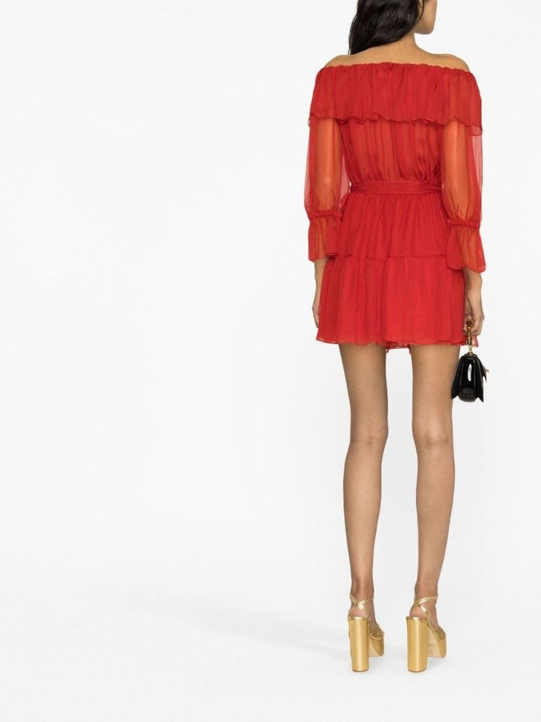 Red Off-the-shoulder Silk Chiffon Mini Dress