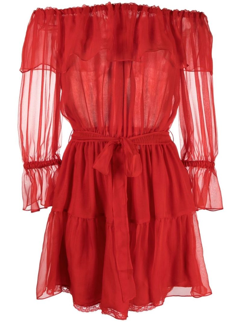 Red Off-the-shoulder Silk Chiffon Mini Dress