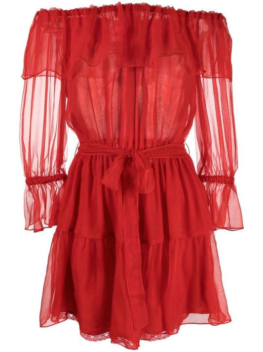 Red Off-the-shoulder Silk Chiffon Mini Dress
