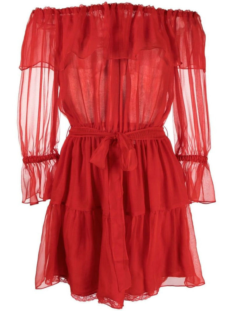 Red Off-the-shoulder Silk Chiffon Mini Dress