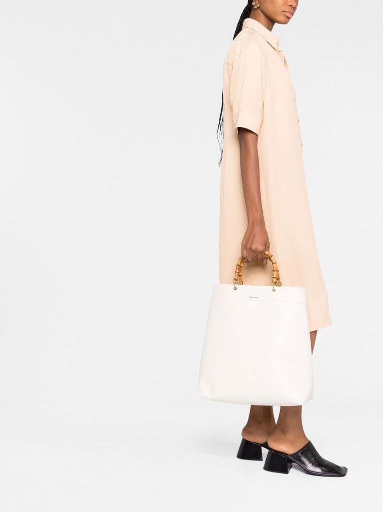 White Bamboo Handle Leather Tote Bag