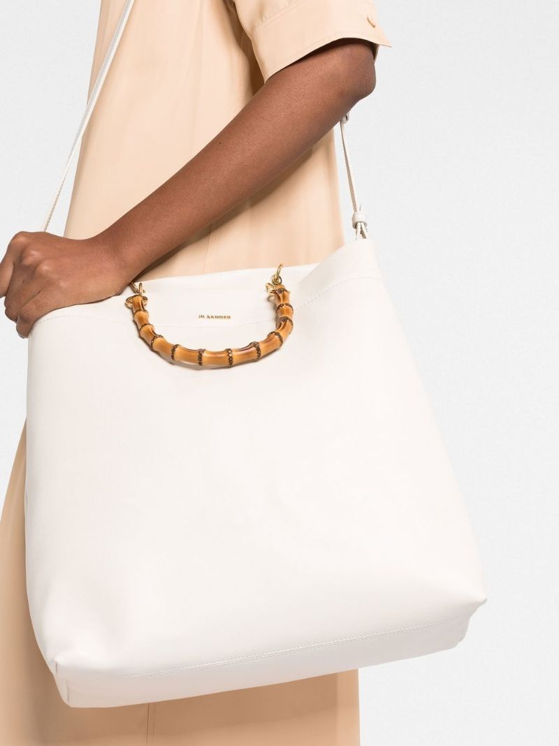 White Bamboo Handle Leather Tote Bag