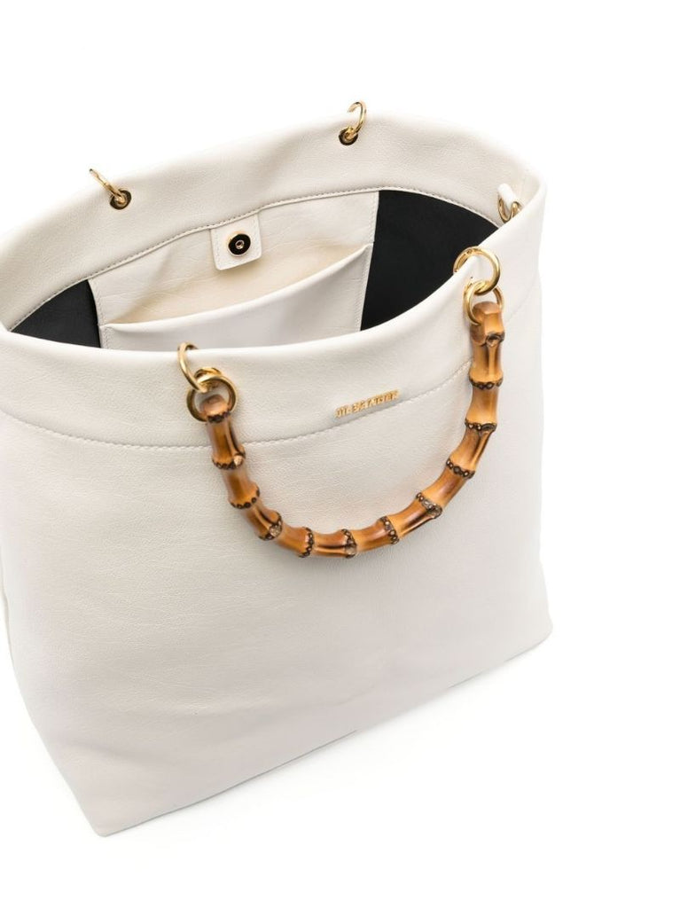 White Bamboo Handle Leather Tote Bag