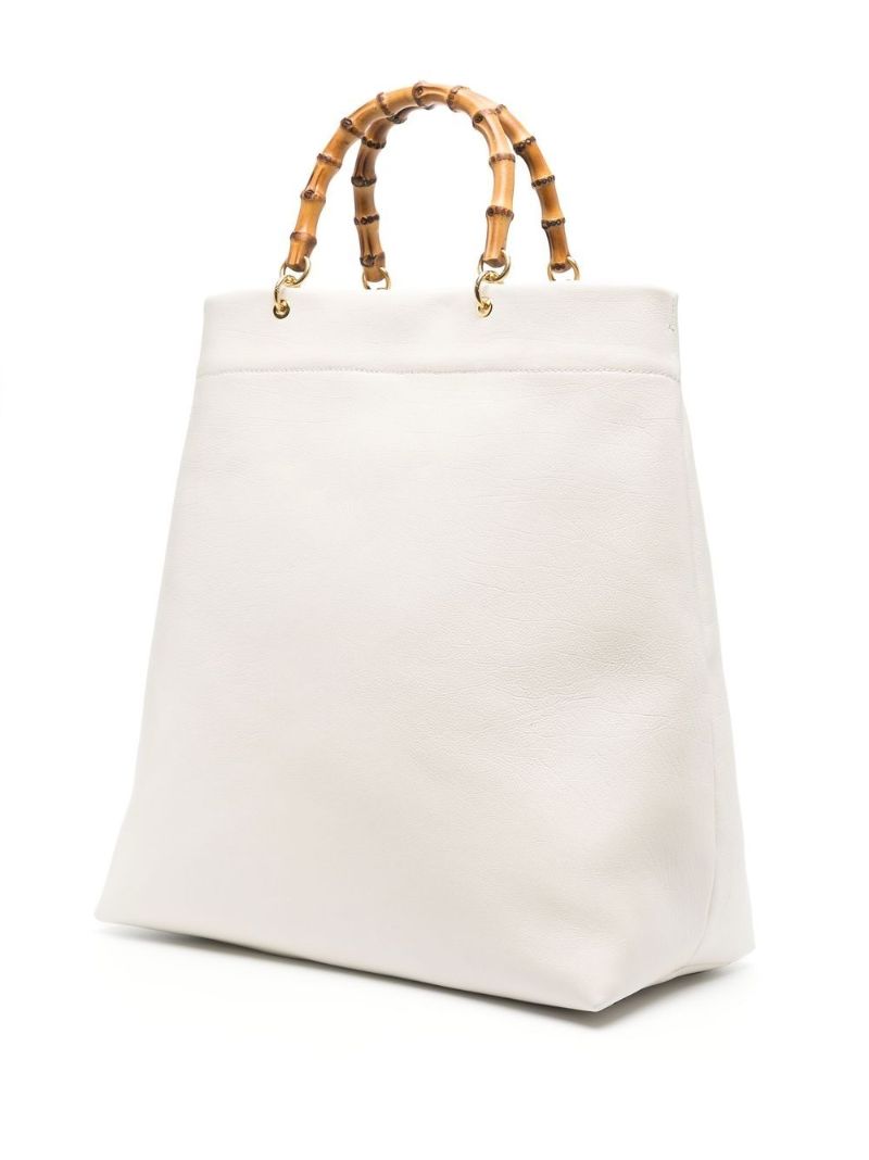 White Bamboo Handle Leather Tote Bag