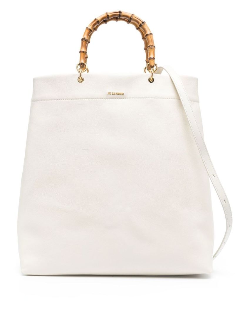 White Bamboo Handle Leather Tote Bag