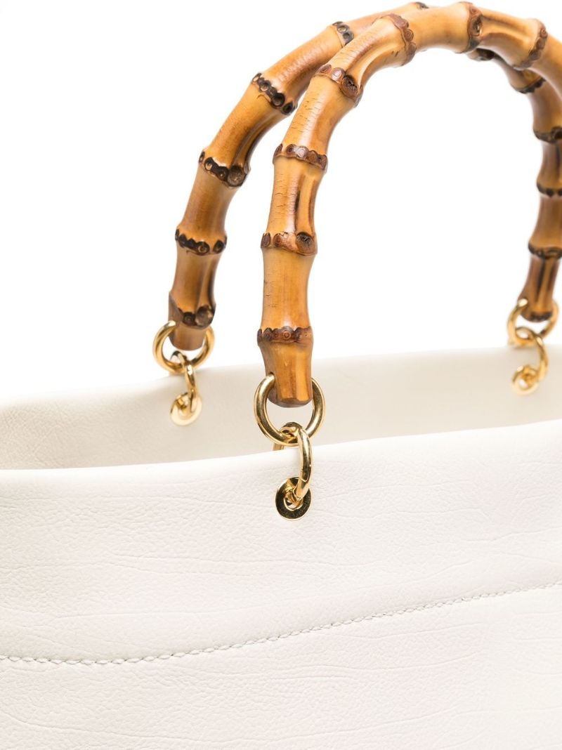 White Bamboo Handle Leather Tote Bag