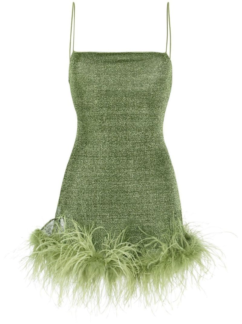 Green LumiÃ_x0083_Â¨re Feather-trim Mini Dress