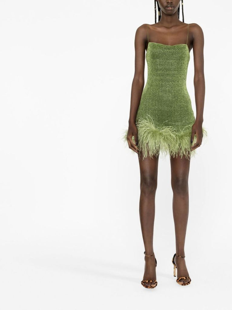 Green LumiÃ_x0083_Â¨re Feather-trim Mini Dress